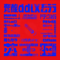 random japanese words in the red and blue color as scarlxrd album cover