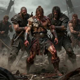 aesthetic full body digital illustration of a defeated male warrior being captured by the enemy, by anne stokes | dirty and bloody, battlefield, concept art, unreal engine, finalrender, centered, deviantart, artgerm