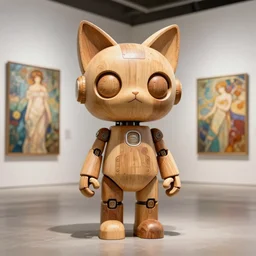 3 d octane render ultra photorealistic 8 k hyper detailed, a very very cute wooden statue robot of the anthropology cat ears cyberpunk cgsociety in a contemporary art gallery in neo tokyo artwork by alphonse mucha