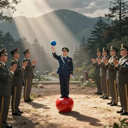 kim jong un on a skippy ball while generals are applauding