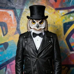 gentleman owl with black biker jacket, portrait photo, wall with colorful graffiti, studio photo, suit, bow tie, tophat, tophat, no flowers
