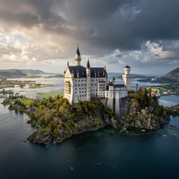 a beautiful island, with a lake and a castle on it flying over the ocean, stipple, ultra - wide angle