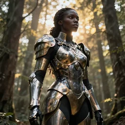 hyperrealistic mithra goregous black woman exoskeleton armor in a forest sun behind her concept art eric zener elson peter cinematic side soft yellow light low angle hd 8k sharp shallow depth of field