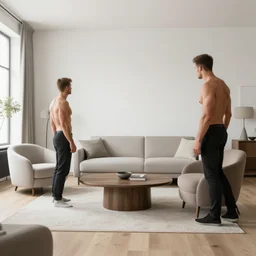 a nordic interior design at the camera 8 k, muscular men admiring the furniture