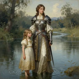 a full body portrait of a girl warrior and her daughter in a river, intricate, elegant, highly detailed, digital painting, artstation, concept art, smooth, sharp focus, illustration, art by krenz cushart and artem demura and alphonse mucha