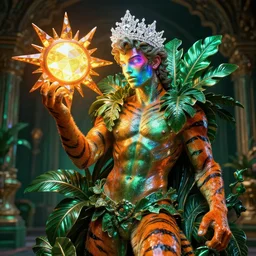 photo of baroque and bladerunner delicate neon emerald sculpture of seductive prince nick jonas tigers orange iridescent humanoid deity wearing metallic jungle leaves holding the sun prismatic dungeon, glowing rainbow face, crown of white diamonds, cinematic lighting, photorealistic, octane render 8 k depth of field 3 d