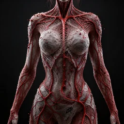 gothic female body dressed in intricate net of blood vessels and lace, hyper detailed, dark background, backlit, c 4 d, octane, procedural art, houdini, particles, hyper realism, render, beautiful, gothic, contrast, 8 k