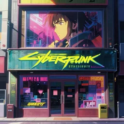 a very close up close up close up close up front on frontview of a ( ( ( cyberpunk ) ) ) shopfront facade with ( ( advertisements ) ), in a high definition screenshot from the anime anime film, digital painting by ( makoto shinkai ), moebius moebius, surrealism, trending on artstation