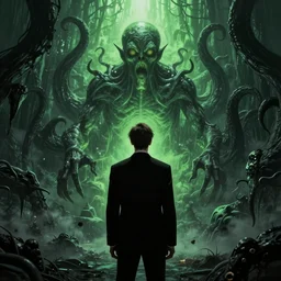 a man in a black suit staring into a lovecraftian abyss and something is looking back tentacles black and green gothic cthulu lovecraft