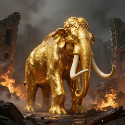 golden mammoth in a ruined city, heavy atmosphere, fire and smoke by greg rutkowski, rule of thirds, golden ratio, ambient lighting, wlop, artgerm, artstation, highly detailed masterpiece, dark fantasy art, high detail, trending on artstation