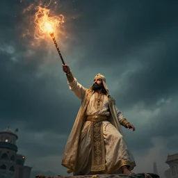a shahman with a huge wand casting spells into the sky