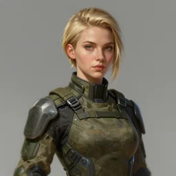 Portrait of a woman by Greg Rutkowski, she is about 20 years old, athletic tomboy, attractive, military composure, short blonde hair, russian, she is wearing futuristic military fatigues, highly detailed portrait, digital painting, artstation, concept art, smooth, sharp foccus ilustration, Artstation HQ.