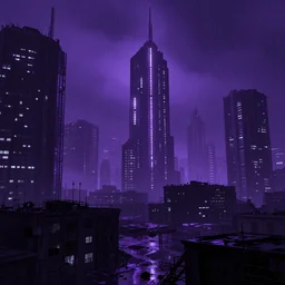 ghostpunk futuristic city view by eddie mendoza and greg rutkowsi, purple glow, rain, foggy, dark, moody, volumetric lighting, abandoned, 8 k