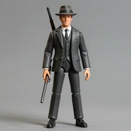 William S Burroughs as a G.I. Joe action figure from the 1980's wearing a 3 piece suit and a fedora and carrying a shotgun