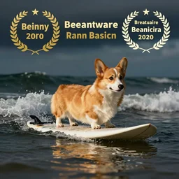 “a corgi on a surfboard”