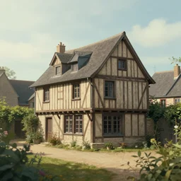 artwork of the cinematic view of one half - timbered house in normandy by marc davis, landscape, wide angle, depth of field, trending on artstation
