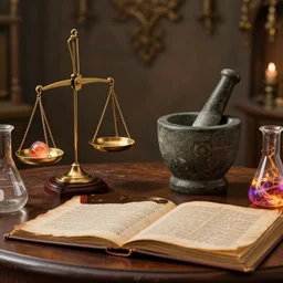 photorealistic, tony sart, table, wizards laboratory, mortar, pestle, scales, magic book, beaker, energy