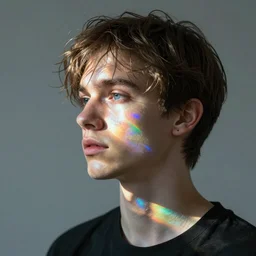 “Ivan the wholesome prismatic person, side fringe haircut, refracting, caustics, light rays shining through, 4k photo”