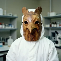 realistic photo of the person wearing a detailed wooden bird mask white robe in a laboratory 1 9 9 0, life magazine reportage photo