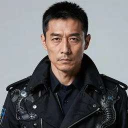 classy mature and steady very up close portrait of a middle aged male policeman, asian ， strong, pale skin, stubble, black windbreaker ， eagle's eyes ， ryuichi sakamoto ， cyber future jacket, ultra detailed wire decoration, fantasy art by nixeu and guweiz and ilya kuvshinov, sleek curves, intricate sharp focus