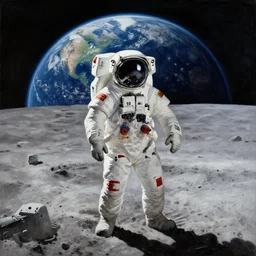 painting of astronauts walking on the moon with the earth in the background, in the style of howard finster