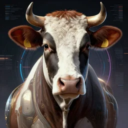 retrofuturistic portrait cow humanoid, space graphics art in background, close up, wlop, dan mumford, artgerm, liam brazier, peter mohrbacher, 8 k, raw, featured in artstation, octane render, cinematic, elegant, intricate, 8 k