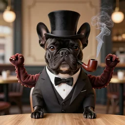 a portrait picture of a black french bulldog wearing a dinner jacket wearing a top hat and smoking a pipe at a french cafe with tentacles for arms octane render unreal engine 5 4 k symmetric
