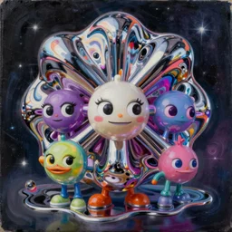 an extremely high quality hd surrealism painting of a 3d polished chrome galactic neon complimentary colored cartoon surrealism melting mandelbulb3d fractal by kandsky and salvia dali the fourth, salvador dali\'s much much much much more talented painter cousin, 4k, ultra realistic, super realistic, so realistic that it changes your life