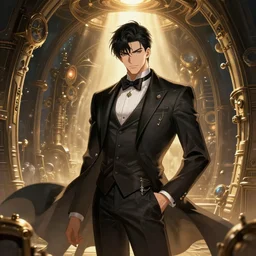 character environment design, arrogant elegant man travels through time via steampunk portals, pixiv fanbox, dramatic lighting, maxim