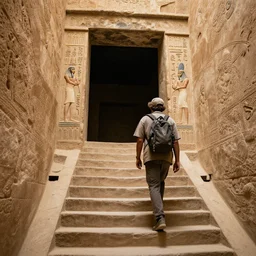 Archeologist walking down staircase into dark Ancient Egyptian Tomb