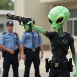an alien is pointing a pistol in front of a policeman