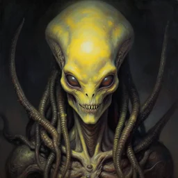 close up sci - fi cosmic horror art simon stalenhag alien dreadlocks, pale yellow weed skin, elegant, highly detailed, centered, digital painting, concept art, smooth, sharp focus, illustration, artgerm, tomasz alen kopera, peter mohrbacher, donato giancola, joseph christian leyendecker, wlop, frank frazetta