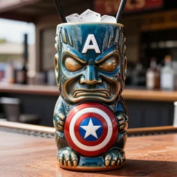 a closeup photorealistic photograph of a glossy captain america style tiki mug sitting at an outdoor trader vic's bar featuring captain america's face and shield. tiki theme. icy drink. bright scene. fine detail. this 4 k hd image is trending on artstation, featured on behance, well - rendered, extra crisp, features intricate detail, epic composition and the style of unreal engine.