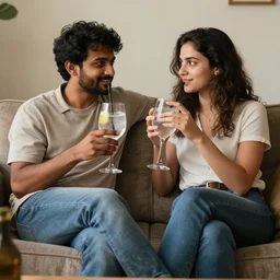 indian guy and swedish girl drinking gin and tonics on the couch