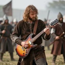 man playing electric guitar in the middle of a medieval battle