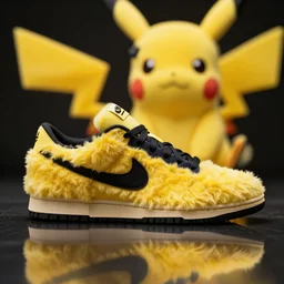 nike model shoe made of very fluffy yellow and black faux fur placed on reflective surface, pikachu colors professional advertising, overhead lighting, heavy detail, realistic by nate vanhook, mark miner