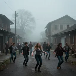 a village full of happy people dancing in the streets but in the background is an eerie fog, eerie, foggy, solemn, hd, 4 k