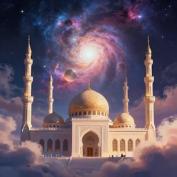 mosque surrounded by nebula clouds in anime style