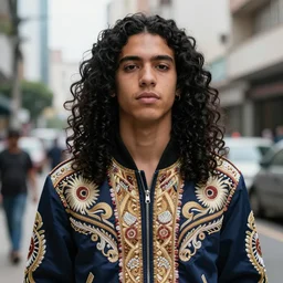 a young brazilian pimp, wearing a fancy jacket, long black curly hair, high quality, sigma 8 5 mm, color photo, street photography
