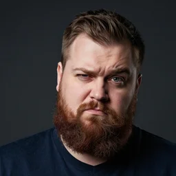 🤨 🤨 🤨 a posh bearded man with a very skeptical and sarcastic expression, one raised eyebrow, head tilted downward, professional photography, studio lighting, dark background