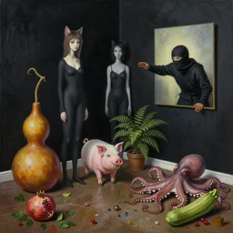 realistic painting of a trashed female artist's apartment, black dripping walls, tall emo catgirl, gourd sculpture, a pig, a ninja reaching out from inside a painting on black walls, pomegranate, fern, octopus, a courgette, 1 6 mm, berries, zen, sensual, surrealist painting by magritte and rousseau and khalo
