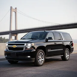 a black 2 0 1 4 ( ( ( ( ( ( 2 0 2 2, 2 0 1 9, 2 0 1 8, 2 0 1 7, 2 0 1 6, 2 0 1 5 ) ) ) ) ) ) chevrolet suburban parked in front of a bridge, a digital rendering, trending on cg society, ultra realistic, ultra detailed