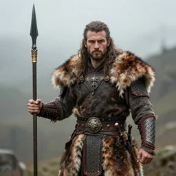 brave warrior, holding spear, fur clothing, hunter