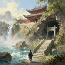 a gorgeous landscape painting by barlowe wayne, maxfield parrish and marco mazzoni. chinese temple. sunny morning. a lonely chinese wuxia walks on the winding stone steps, stone gate to the dark cave, 3 d, octane render, turbulent lake, waterfall. fog, just one rainbow. 8 k.
