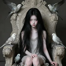 highly detailed portrait of a beautiful cute girl with birds, endless black hair, with pale skin, fibonacci, fragile, sitted on an intricate stone throne by nicola samuri, by dino valls, m. w. kaluta, rule of thirds, seductive look, 4 k resolution