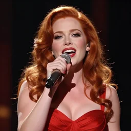 movie scene portrait closeup, red hair, red sequence dress, real life jessica rabbit lindsey pelas denise milani singing beautifully on stage, stage lighting by emmanuel lubezki