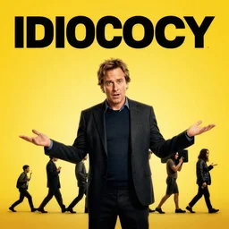movie poster of luke wilson in idiocracy, movie name idiocracy, yellow background, shrugging, evolution of man