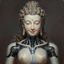 perfectly centered portrait, front view of a beautiful biomechanical alien android robot buddha, female, curly hair, intense stare, sweet smile, symmetrical, concept art, intricate detail, volumetric shadows and lighting, realistic oil painting by alex grey and gustave dore,
