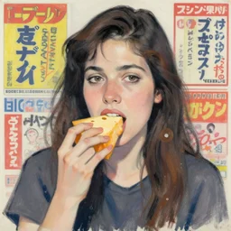 portrait of a woman eating cheese in the style of daniel johnston and outsider art, 8 k, line brush, overlaid with japanese adverts