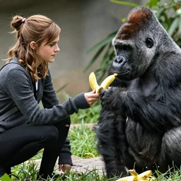 Emma Watson in a zoo with a gorilla as it is feeding her bananas